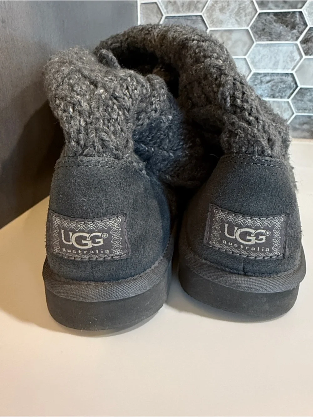 UGG Australia Women’s Grey Knit Mid-Calf High Ugg Boots, Sweater Cardigan Knit